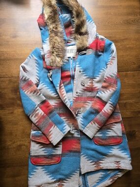 BB Dakota Southwestern Aztec Hooded Coat Faux Fur Trim Toggle Jacket Small